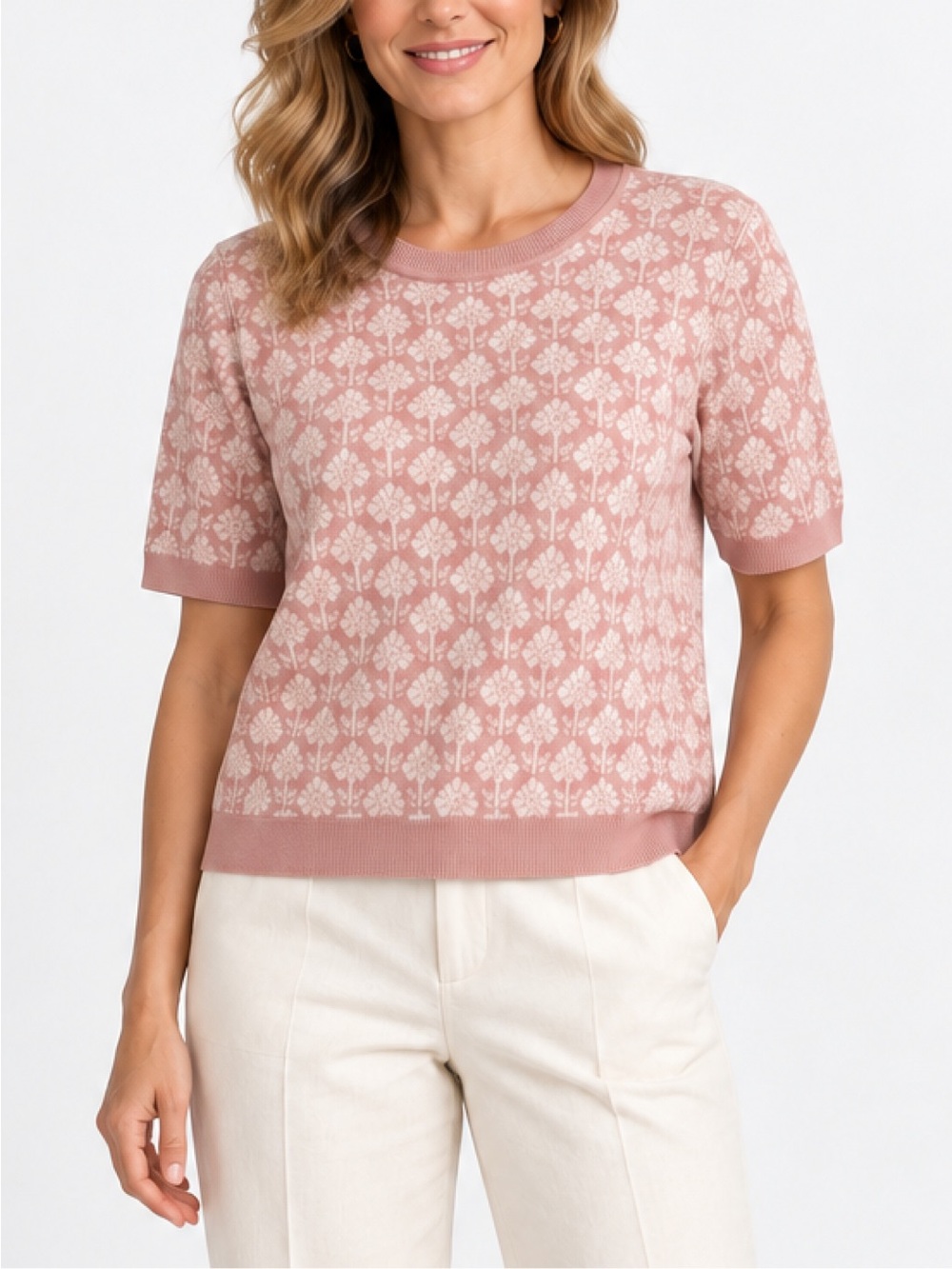 Adrianna Papell Short Sleeve Sweater Jacquard Pink XL